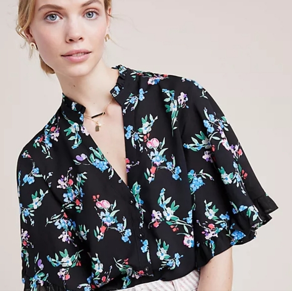 Anthropologie Maeve Aveiro Flutter Sleeve Floral Blouse - Picture 1 of 9